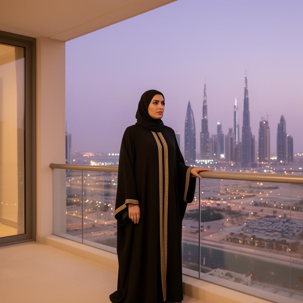 An Emirati mother on a Dubai balcony at dusk